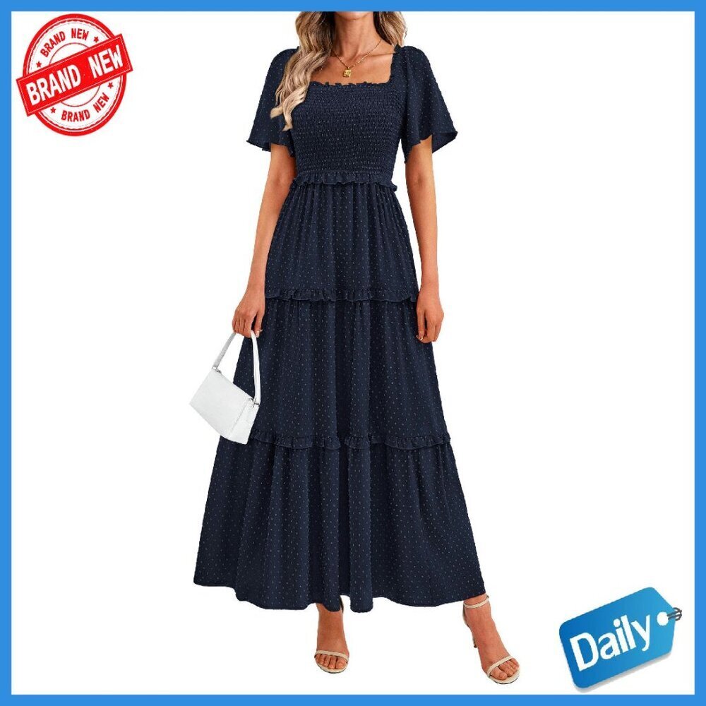 Swiss Dot Smocked Square Neck Maxi Dress with Pockets